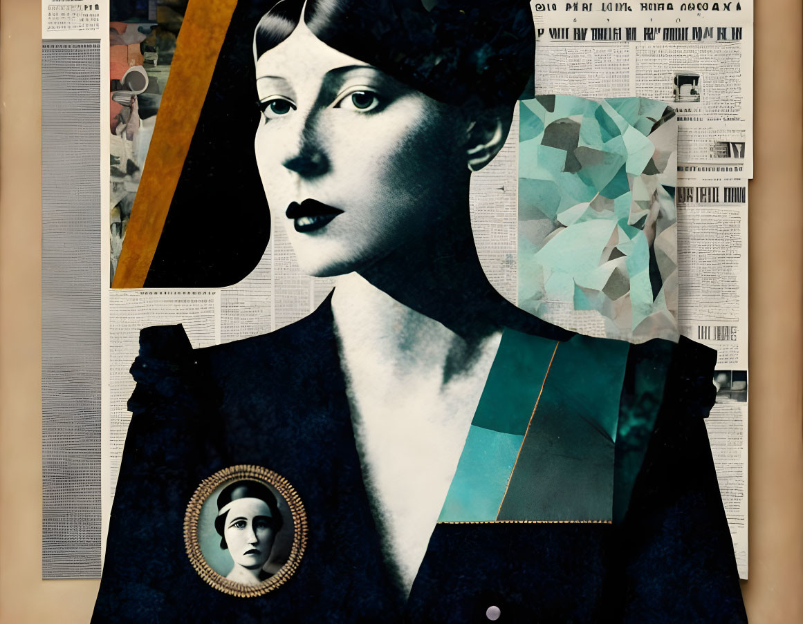 Vintage-style portrait of woman on newspaper collage with geometric design