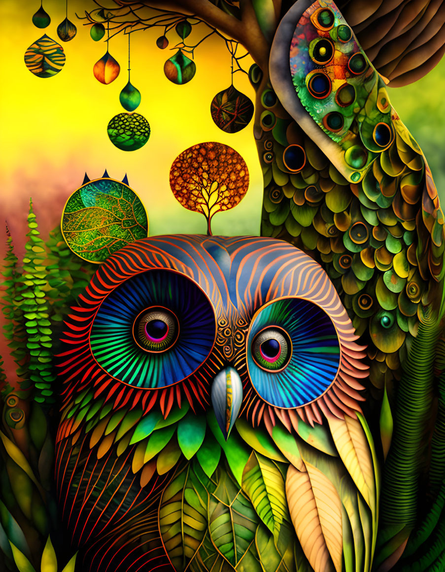 Vibrant owl illustration in surreal forest scene