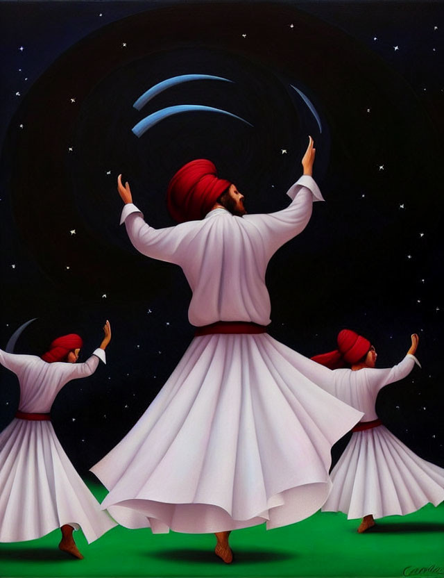 Three Whirling Dervishes in White Robes and Red Hats Performing Sufi Dance under Star