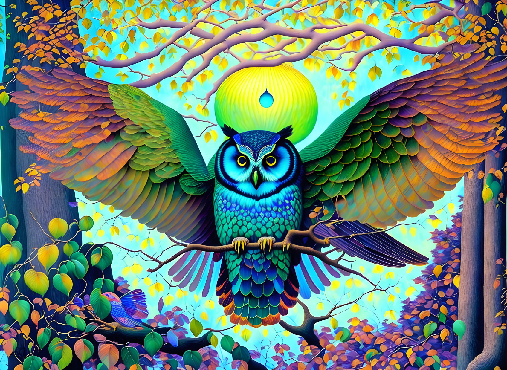 Colorful Owl Flying in Mystical Forest with Full Moon