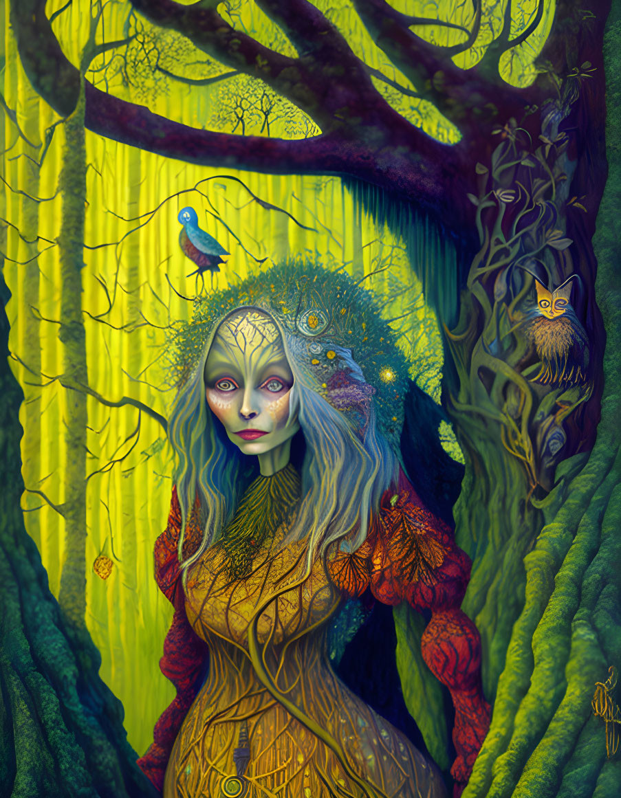 Colorful Tree-Woman Entity in Mystical Forest with Parrot, Owl, and Greenery