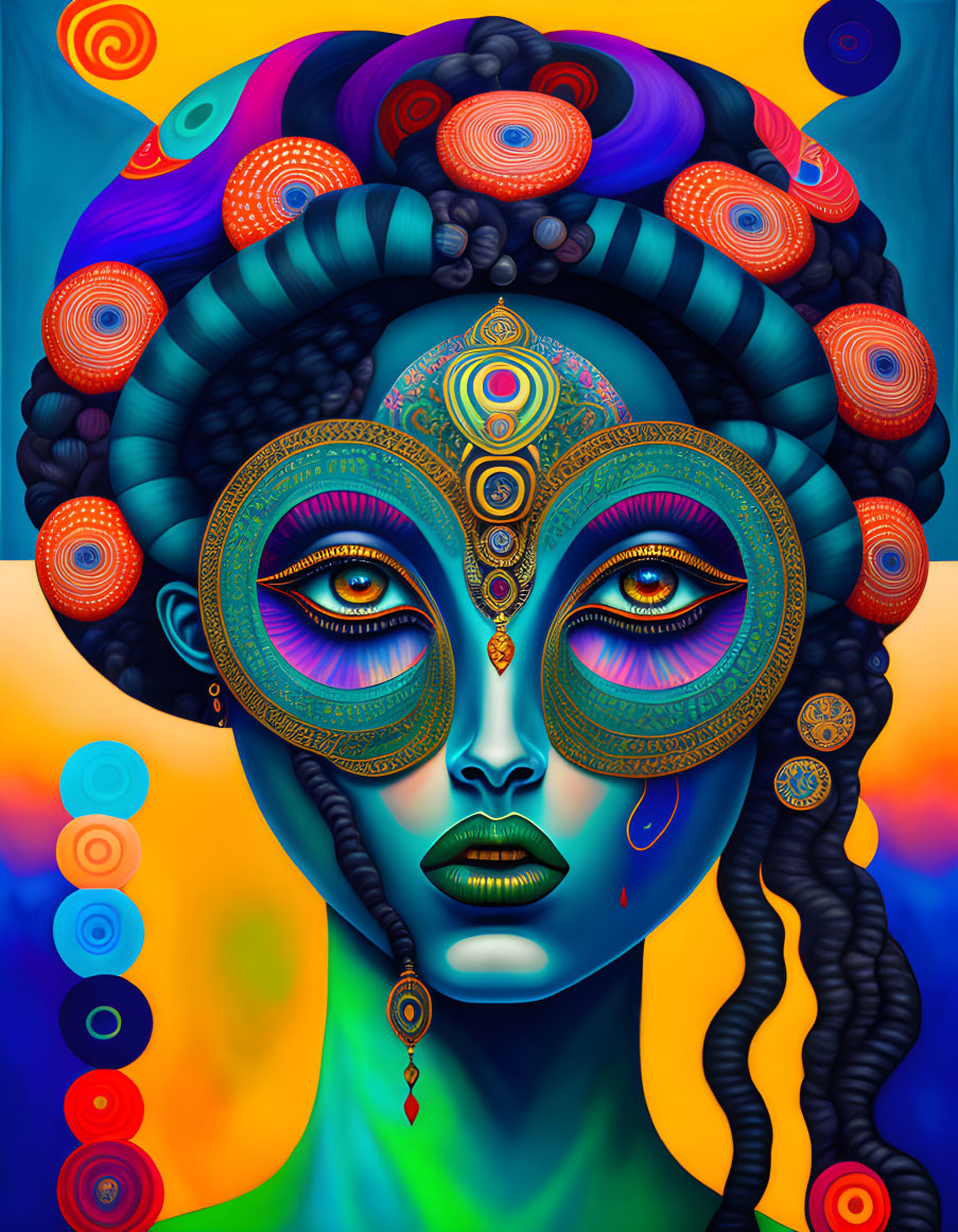 Colorful Stylized Female Face Artwork with Elaborate Patterns