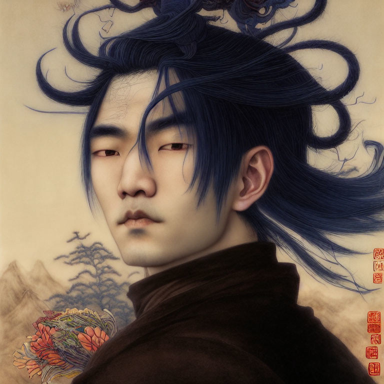 Stylized portrait with blue flowing hair and Asian art influence