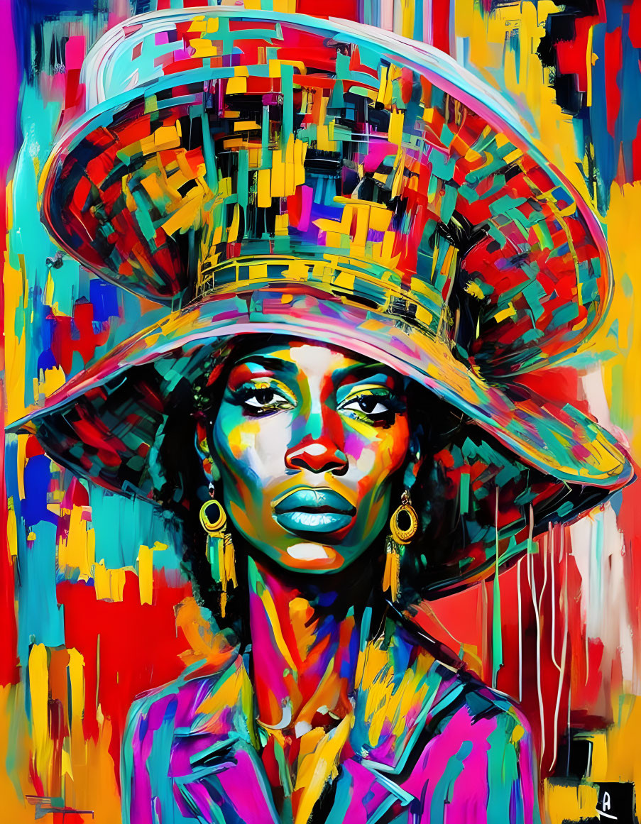 Vibrant portrait of a woman in a large hat with colorful, abstract brush strokes