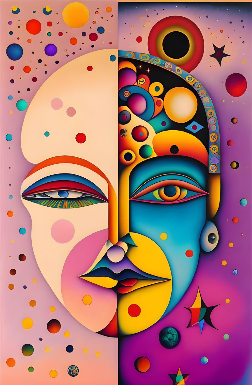 Abstract split face with flesh tone & cosmic elements