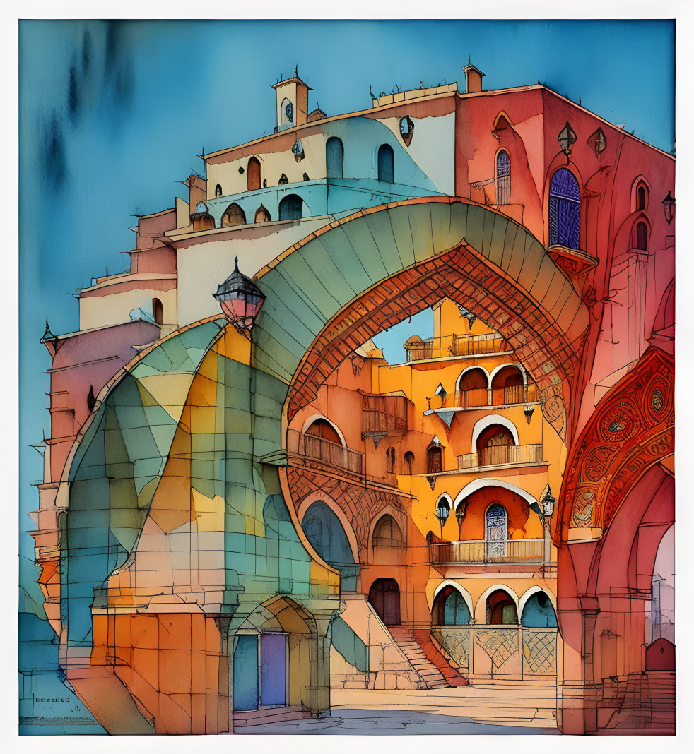 Colorful Watercolor Illustration of Whimsical Architecture