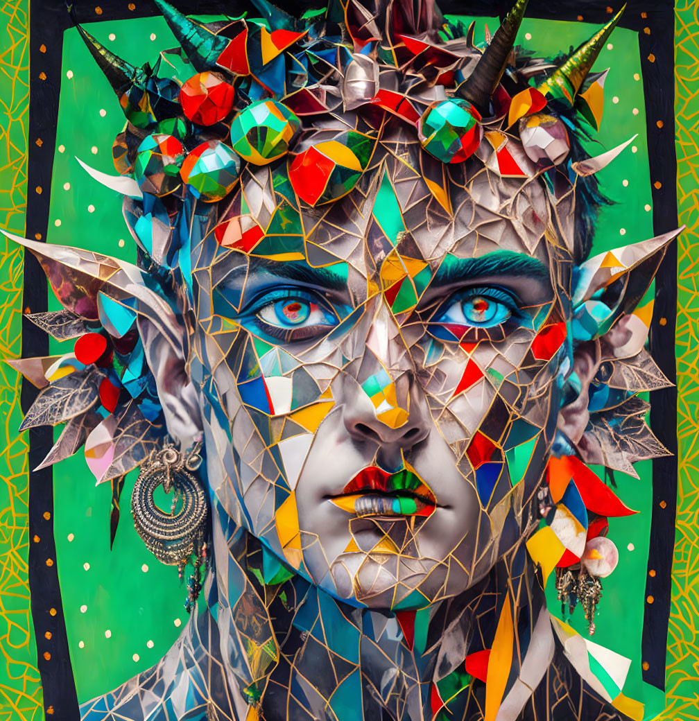 Colorful geometric face art with mirror shards and horned headdress on patterned background