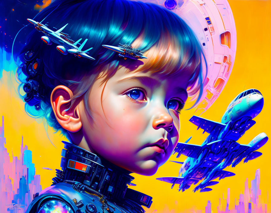 Vibrant child illustration with blue headphones & spaceships in futuristic cityscape