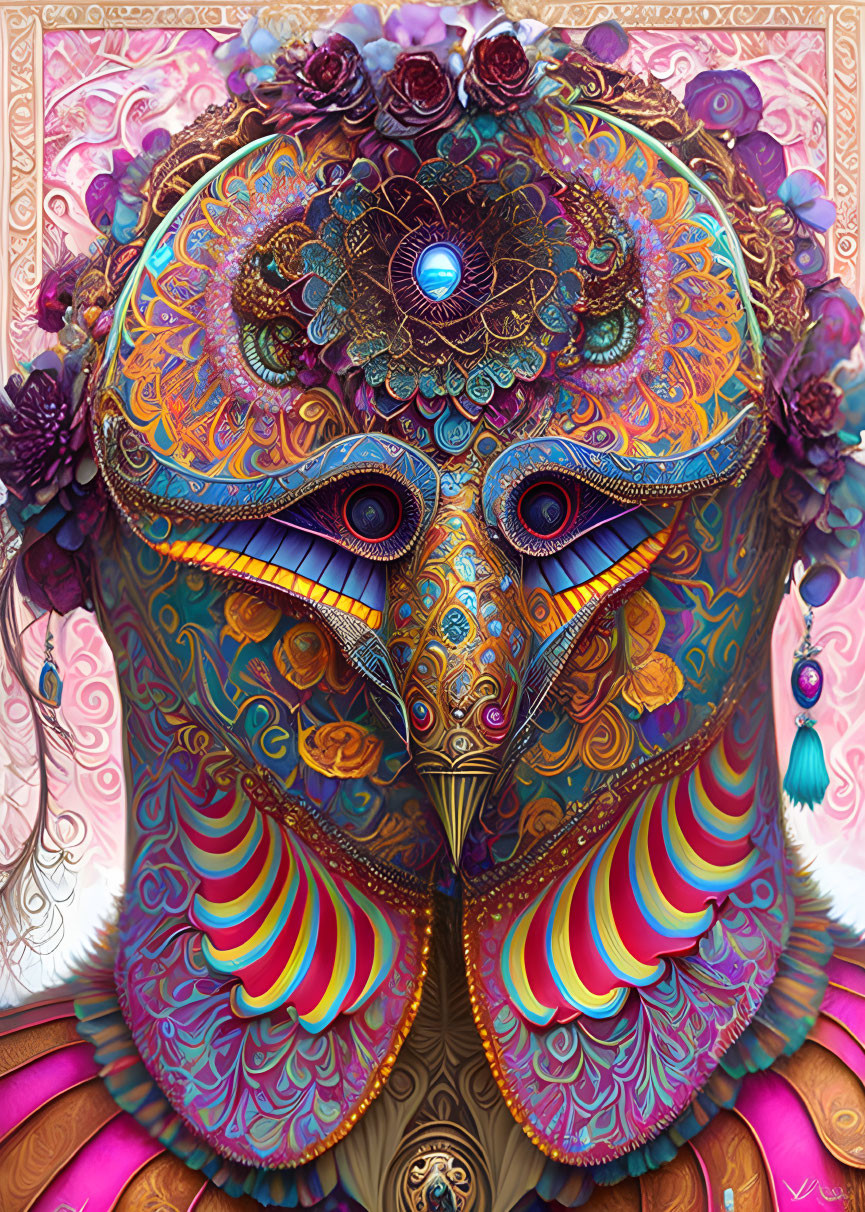 Colorful Owl Artwork with Floral and Gem-like Patterns