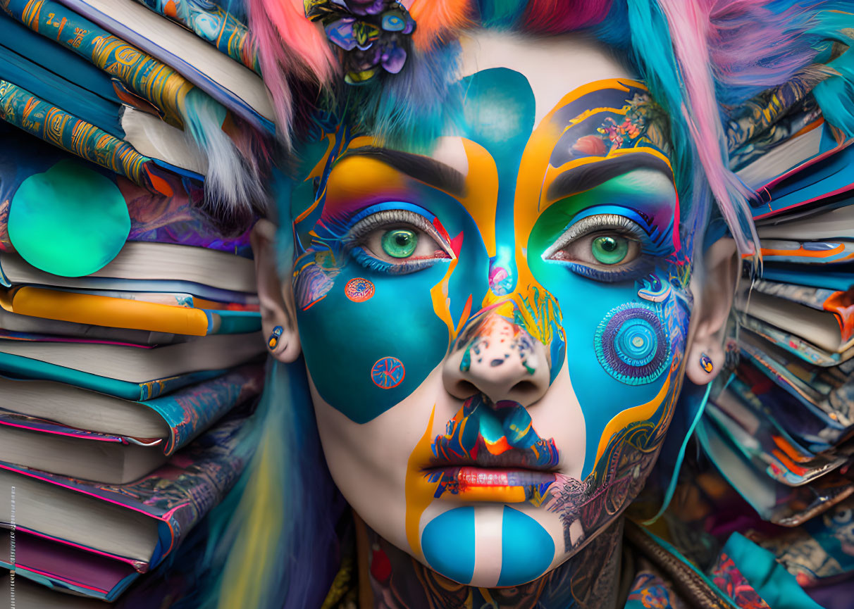 Colorful portrait with vibrant face paint and multicolored books