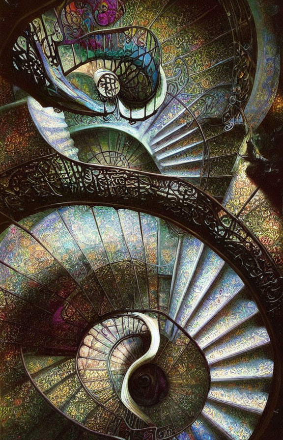 Intricate spiral staircase with wrought iron railings and stained glass floor pattern