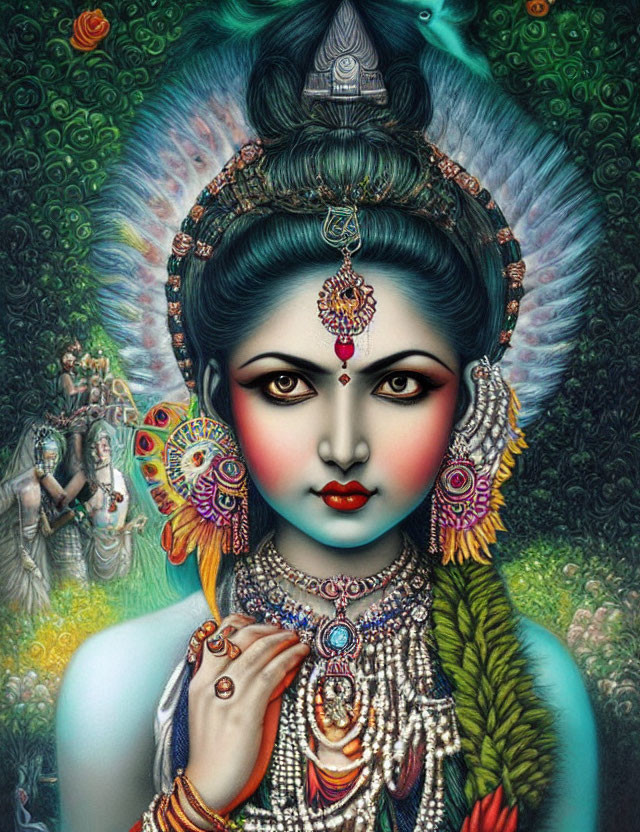 Vibrant deity with blue skin and peacock feathers, adorned with elaborate jewelry. Serene expression