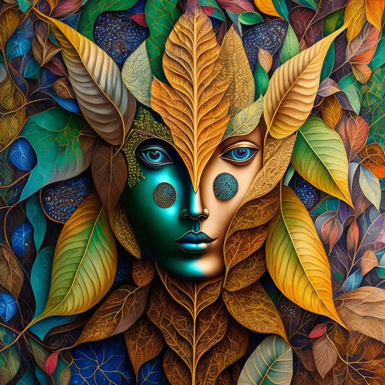 Vibrant autumn-themed face surrounded by intricate leaf pattern