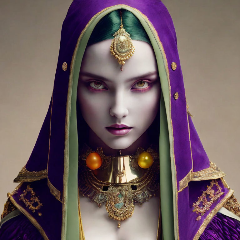 Character portrait: Green-haired figure in purple cloak with intricate jewelry