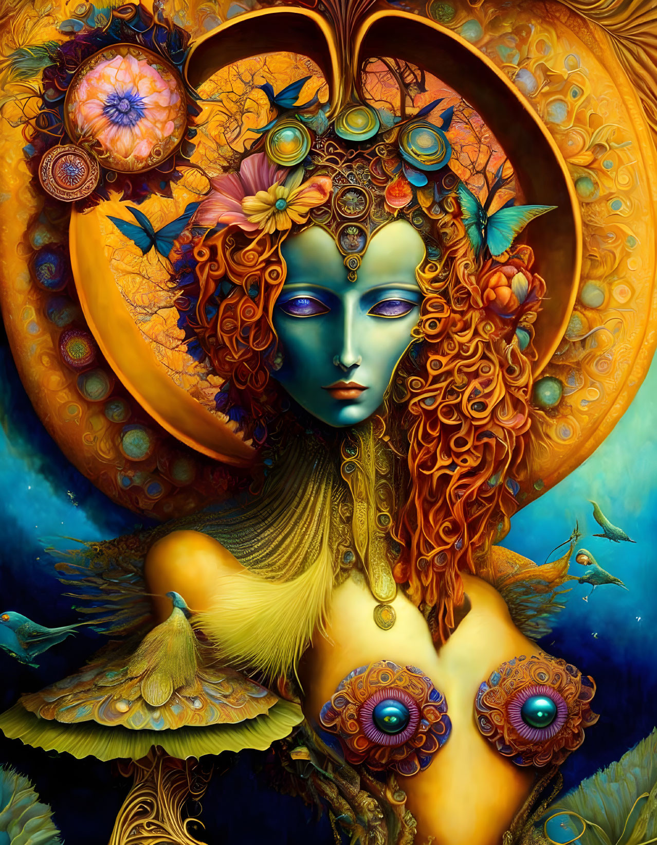 Surreal portrait of blue-faced figure with golden headdress surrounded by ornate patterns and flora