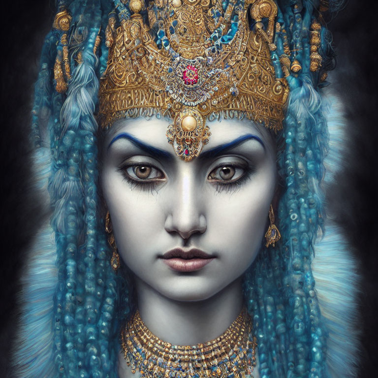 Portrait of woman with blue hair and ornate golden headpiece