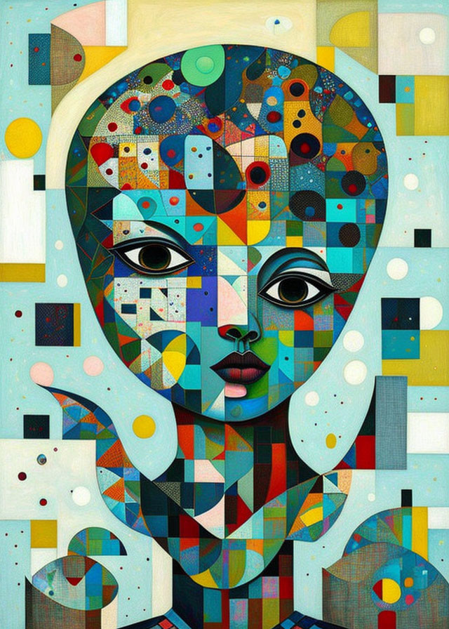 Symmetrical Geometric Abstract Portrait with Colorful Mosaic Composition