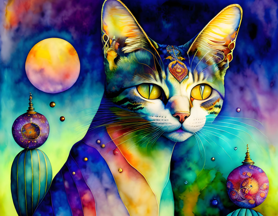 Colorful whimsical cat in cosmic digital painting