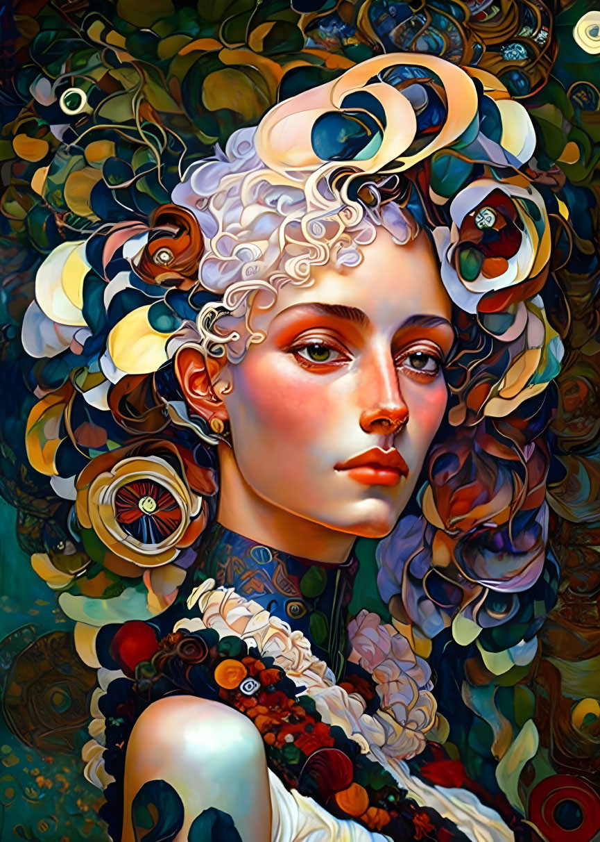 Colorful digital artwork of a woman with white curly hair and abstract floral elements.