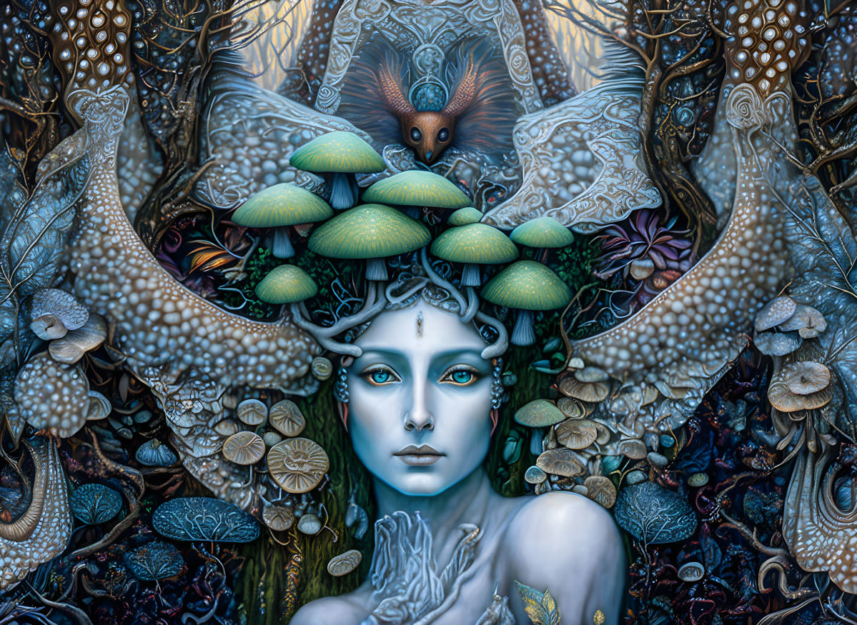 Surreal portrait of a woman with mushrooms, owl, and mystical forest