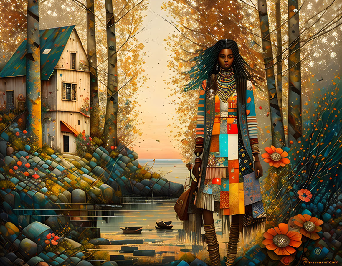 Vibrant patchwork clothing woman in whimsical autumnal landscape