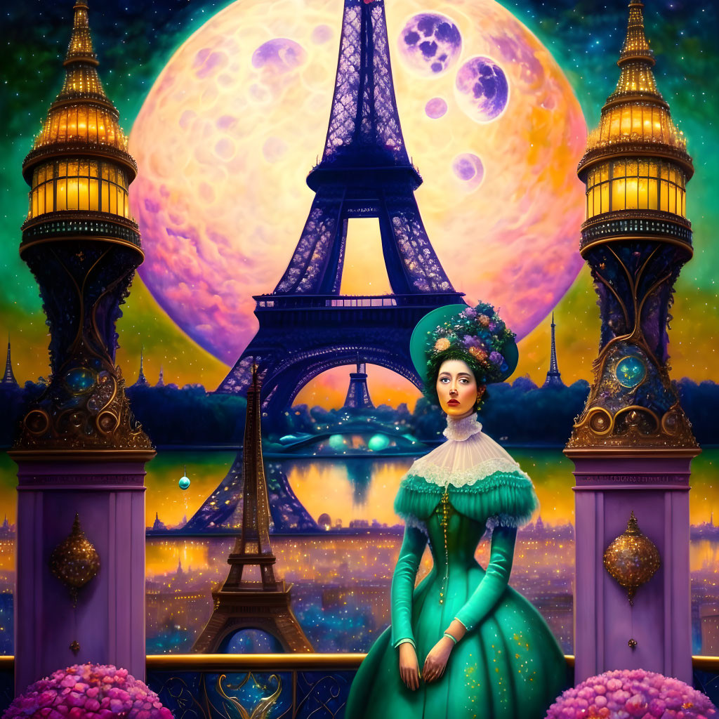 Vintage-dressed woman in front of stylized Eiffel Tower under cosmic sky