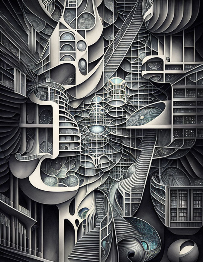 Monochrome Escheresque illustration of intricate staircases and geometric shapes in a surreal, maze-like