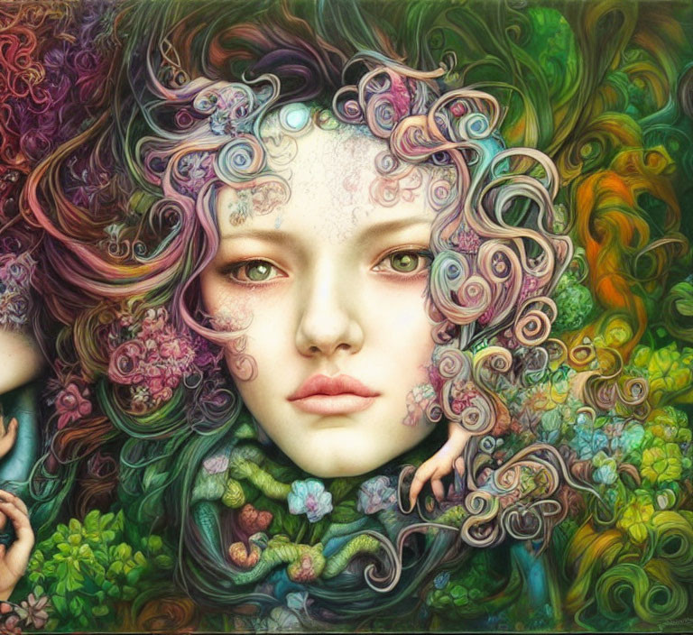Detailed painting of woman with colorful, curly hair in botanical setting
