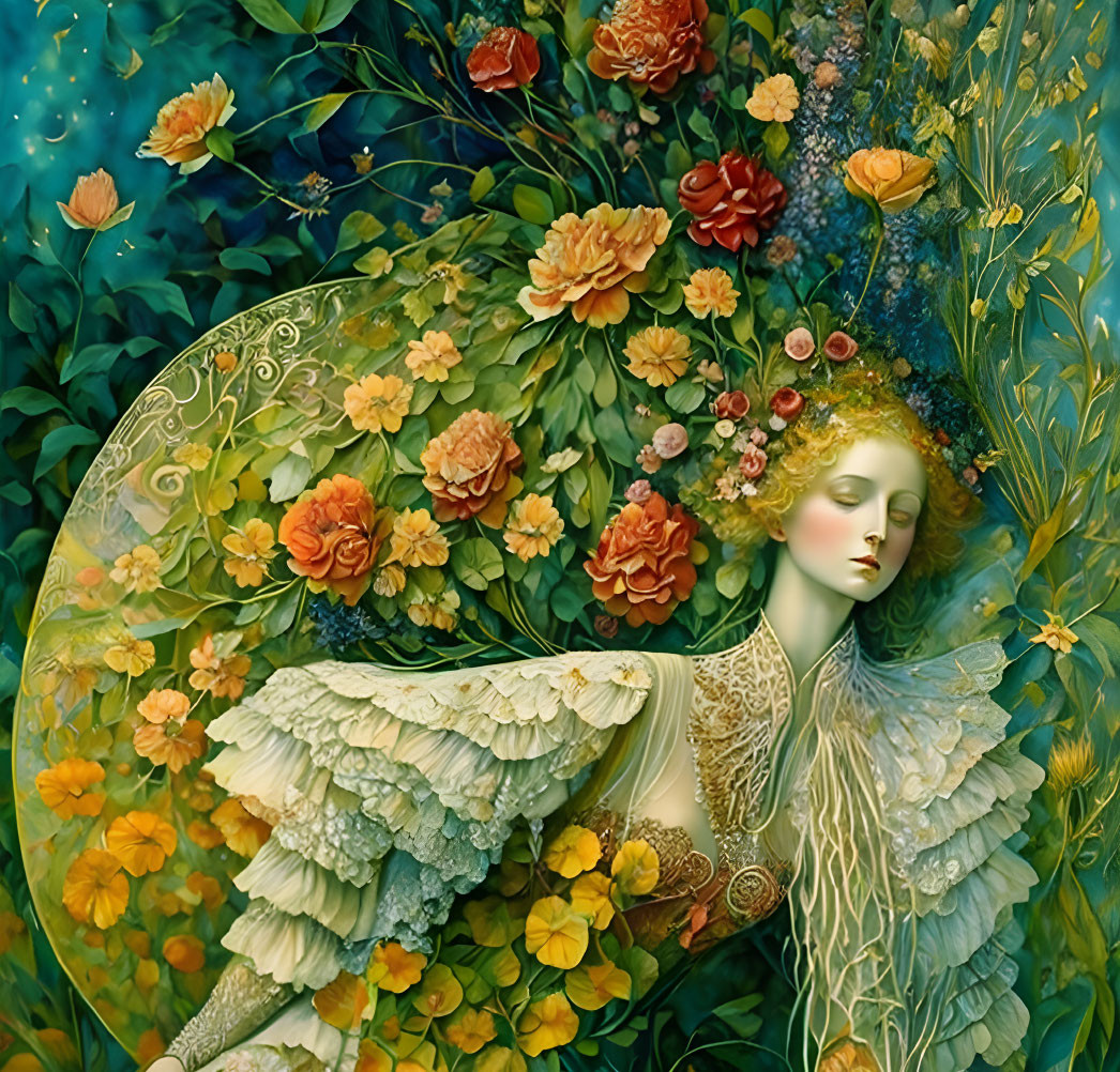 Ethereal figure with angelic wings surrounded by vibrant flowers and greenery