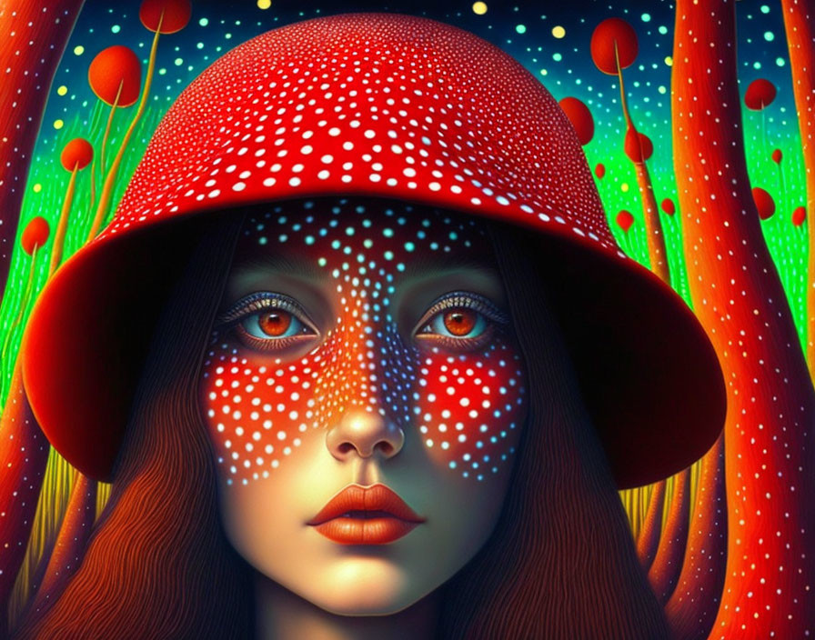 Surreal female portrait with red mushroom cap hat and glowing plants