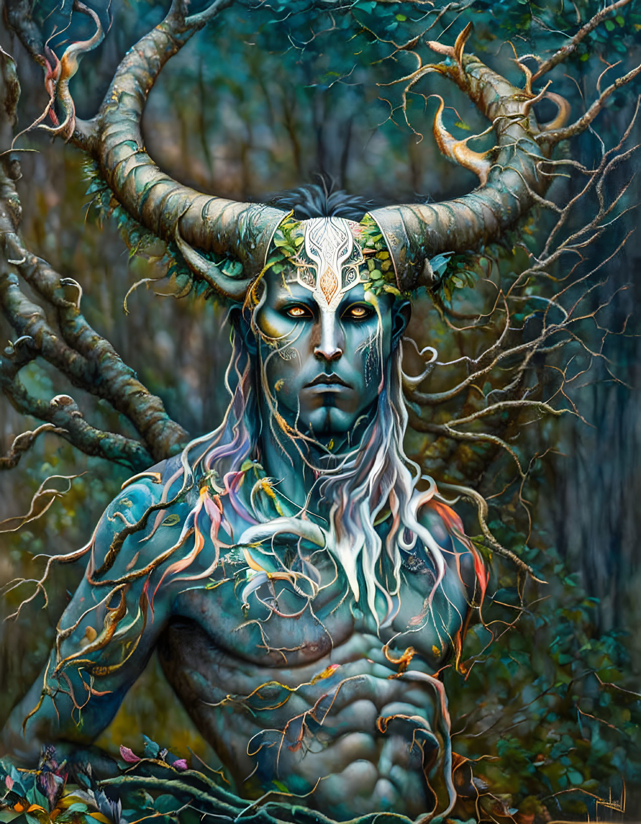 Mystical figure with large curved horns and tree bark skin in forest.