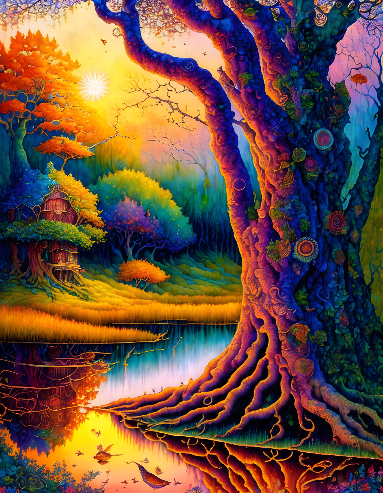 Fantastical painting of twisted tree by water at sunset with hut and wildlife