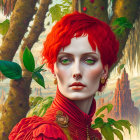 Digital artwork of woman with red hair and green eyes in fantasy jungle setting