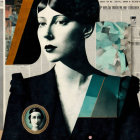 Vintage-style portrait of woman on newspaper collage with geometric design