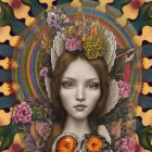 Vibrant painting of woman with ornate aura, floral hair, and mosaic backdrop