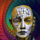 Symmetrical face mosaic artwork in blue, orange, and purple