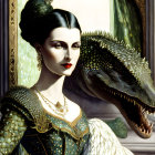 Regal woman in golden headdress with alligator and columns