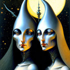 Surreal statuesque figures with elongated heads in cosmic setting