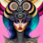 Colorful digital art of woman with intricate headgear and multiple eyes on pastel backdrop