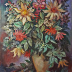 Vibrant bouquet of various flowers in golden vase with butterfly - oil painting