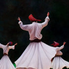 Three Whirling Dervishes in White Robes and Red Hats Performing Sufi Dance under Star