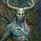 Mystical figure with large curved horns and tree bark skin in forest.