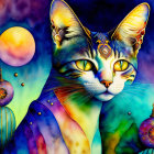 Colorful whimsical cat in cosmic digital painting