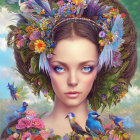 Colorful Woman Illustration with Flowers, Butterflies, and Jewelry