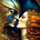 Vibrant illustration of man in blue mask and woman with curly hair in intricate golden setting