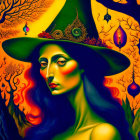 Colorful painting of woman in witch's hat in mystical forest scene