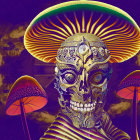 Surreal artwork: Skull with mushroom cap, coin brain, psychedelic setting