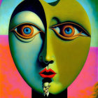 Split-face surreal portrait with contrasting colors and realistic features on vibrant backdrop.