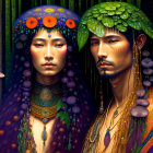 Illustration of man and woman in nature-inspired attire in lush forest