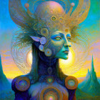 Colorful digital artwork of humanoid figure with ornate headdress in vivid landscape